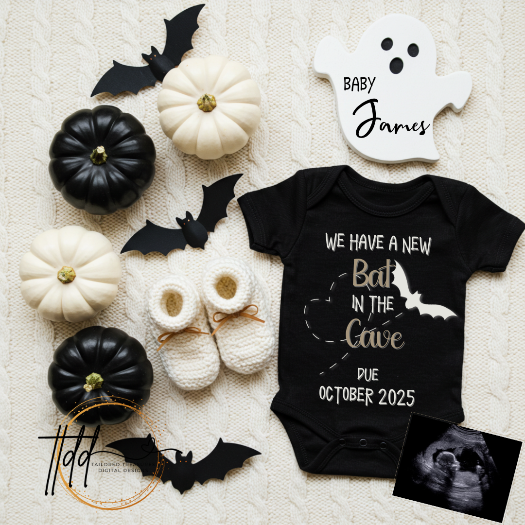 Digital Halloween Pregnancy Announcement, Bat In The Cave, Customizable Personalized Editable Template TailoredTreasuresDigitalDesigns™