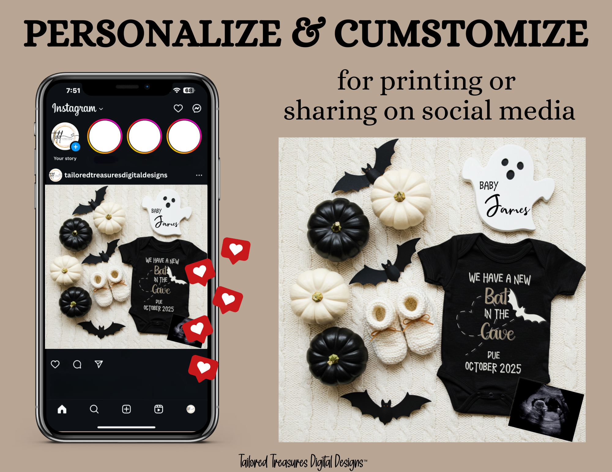 Digital Halloween Pregnancy Announcement, Bat In The Cave, Customizable Personalized Editable Template TailoredTreasuresDigitalDesigns™