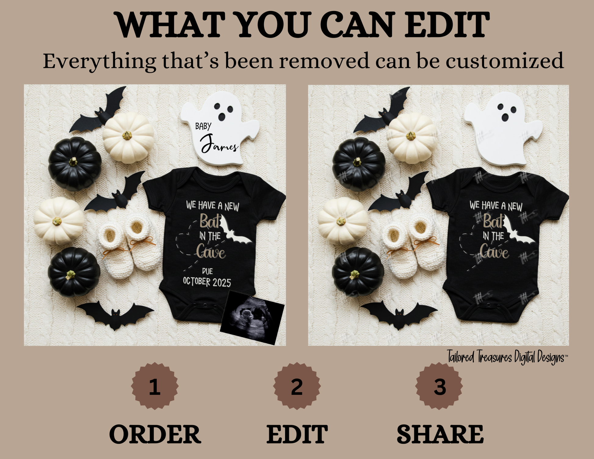 Digital Halloween Pregnancy Announcement, Bat In The Cave, Customizable Personalized Editable Template TailoredTreasuresDigitalDesigns™