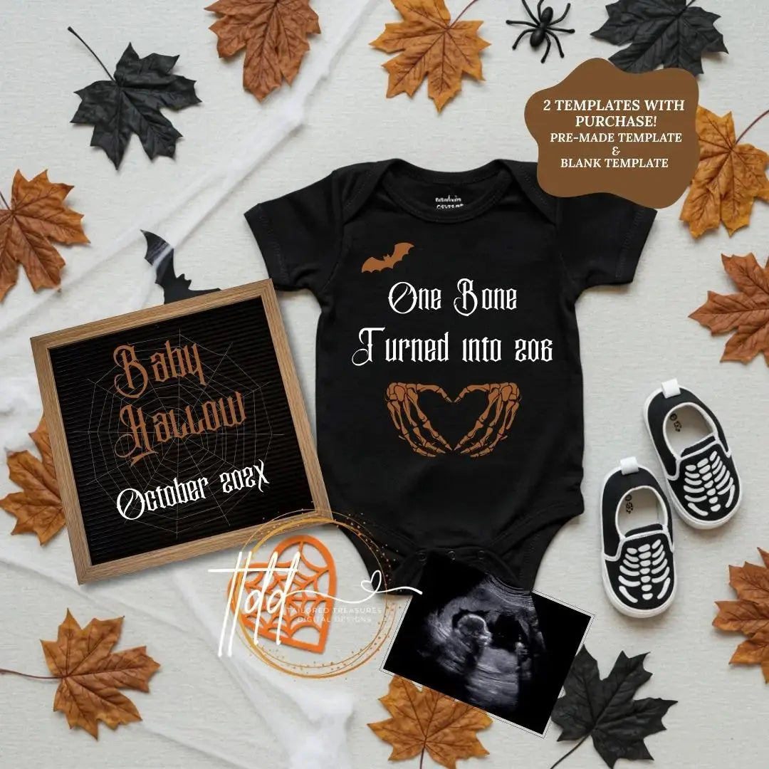 Halloween Skeleton Baby Reveal Digital Editable Template, Funny One Bone to 206, Canva Editable Instant Download TailoredTreasuresDigitalDesigns™