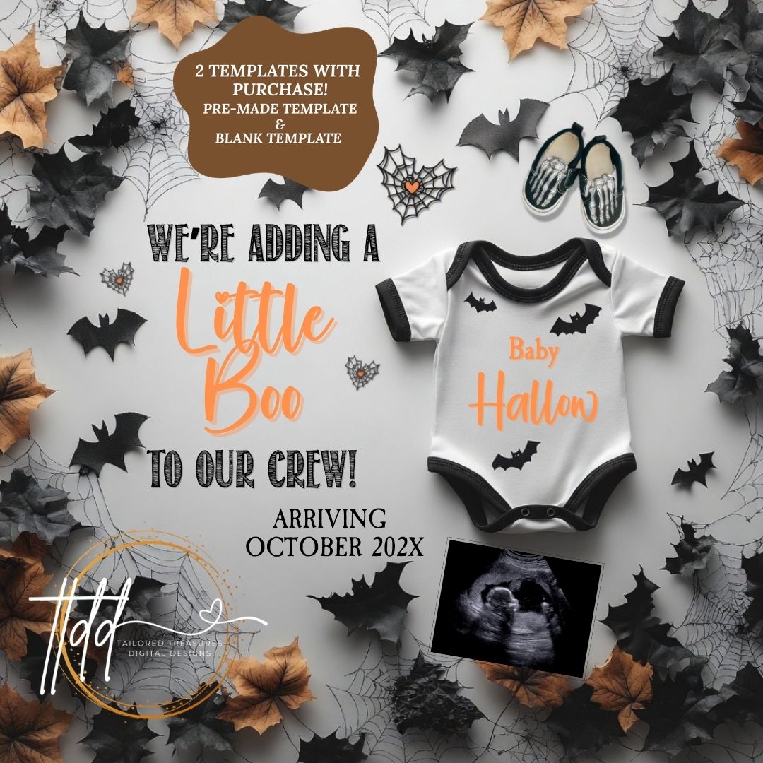 Halloween Little Boo Baby Reveal Digital Editable Template, Fall or Autumn Spooky Themed Canva Instant Download