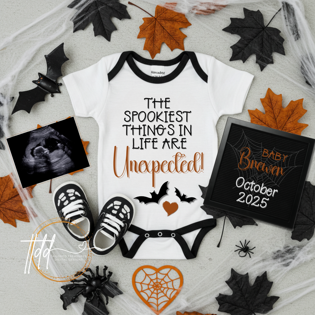 Digital Halloween Pregnancy Announcement, Unexpected Baby Reveal, Customizable Personalized Editable Template TailoredTreasuresDigitalDesigns™