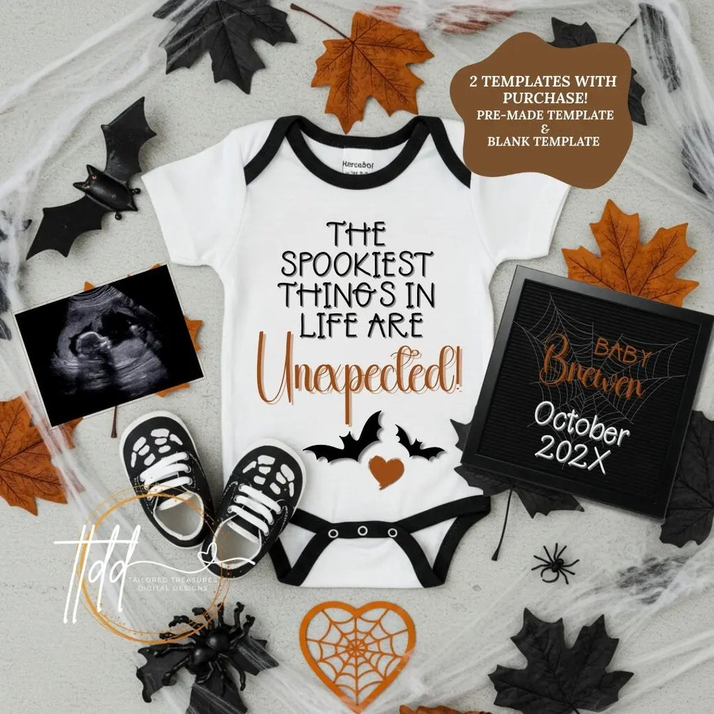 Digital Halloween Pregnancy Announcement, Unexpected Baby Reveal, Customizable Personalized Editable Template TailoredTreasuresDigitalDesigns™