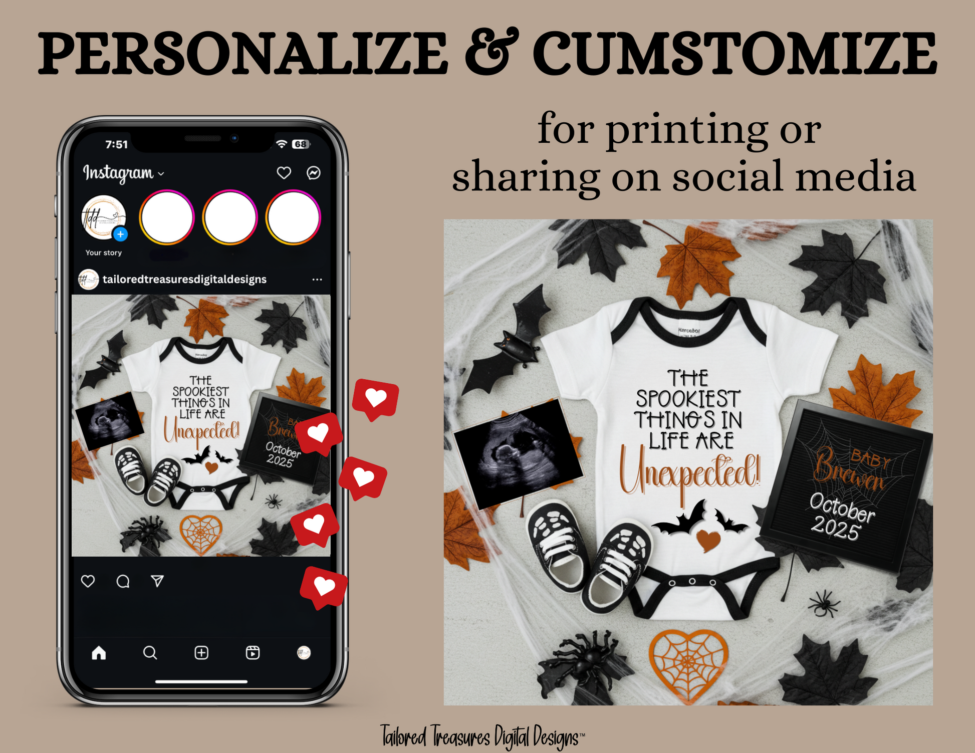 Digital Halloween Pregnancy Announcement, Unexpected Baby Reveal, Customizable Personalized Editable Template TailoredTreasuresDigitalDesigns™