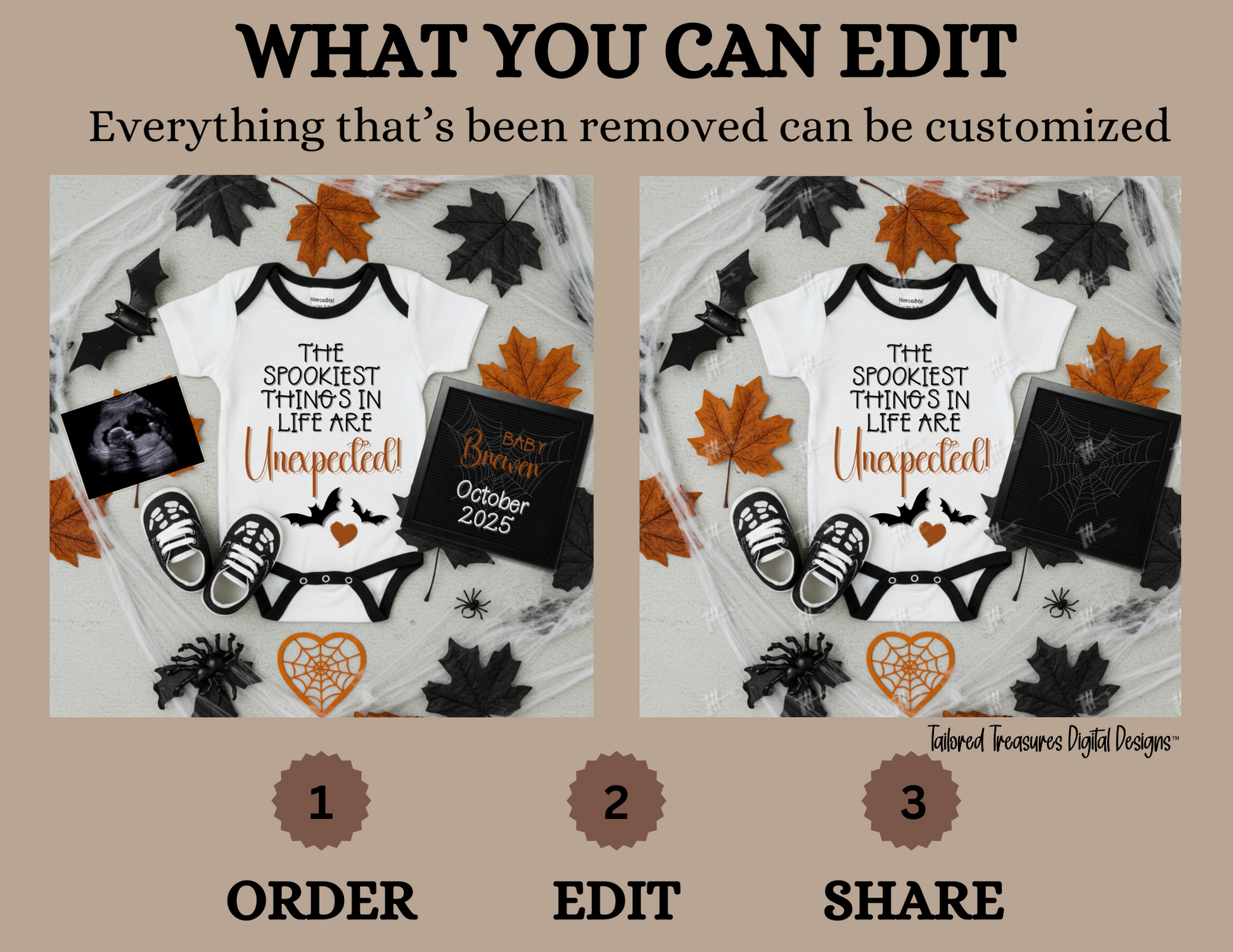 Digital Halloween Pregnancy Announcement, Unexpected Baby Reveal, Customizable Personalized Editable Template TailoredTreasuresDigitalDesigns™