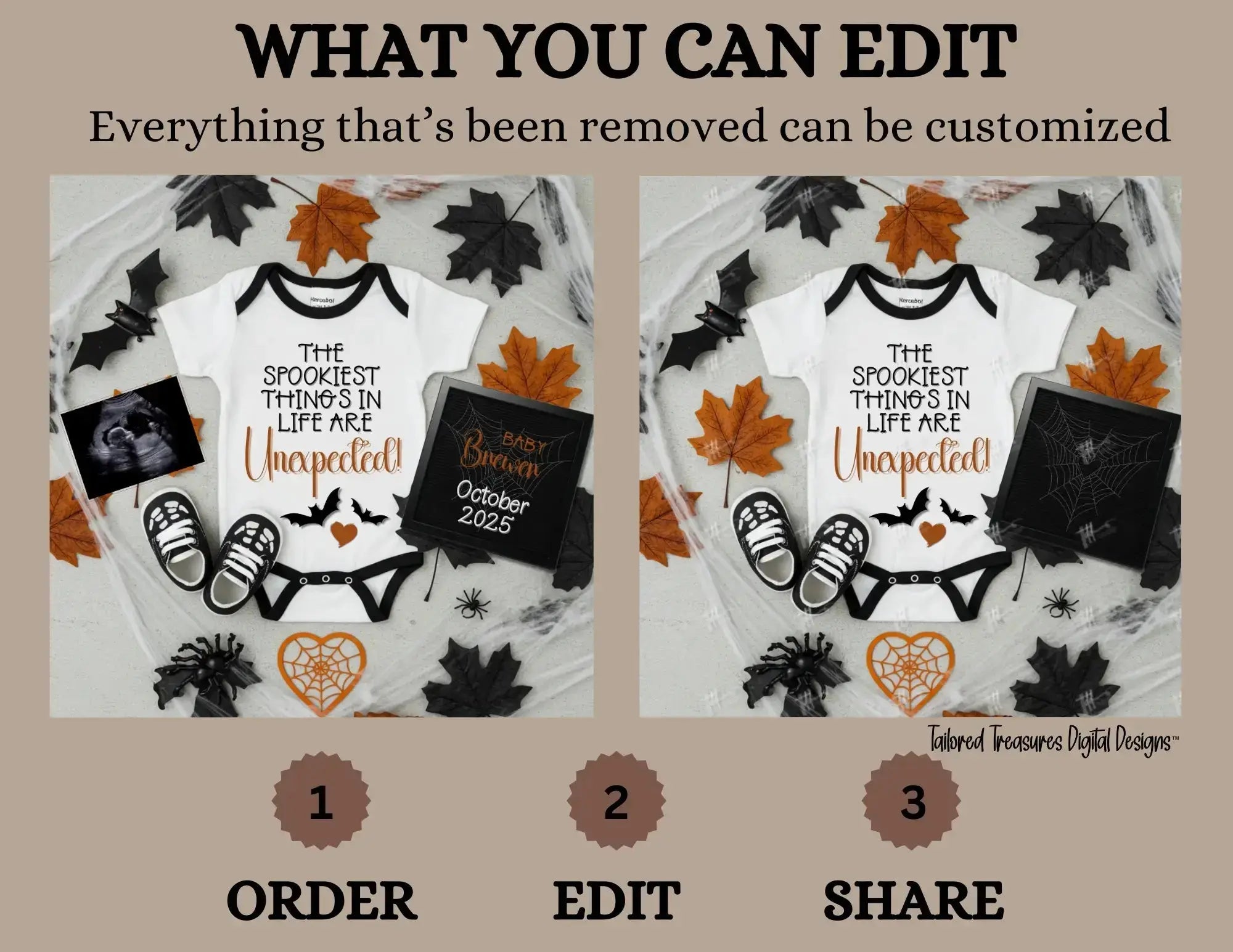 Digital Halloween Pregnancy Announcement, Unexpected Baby Reveal, Customizable Personalized Editable Template TailoredTreasuresDigitalDesigns™