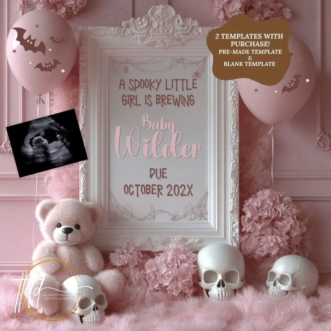 Digital Halloween Pregnancy Announcement, Girl's Gender Reveal, Customizable October Themed, Personalized Editable Template TailoredTreasuresDigitalDesigns™