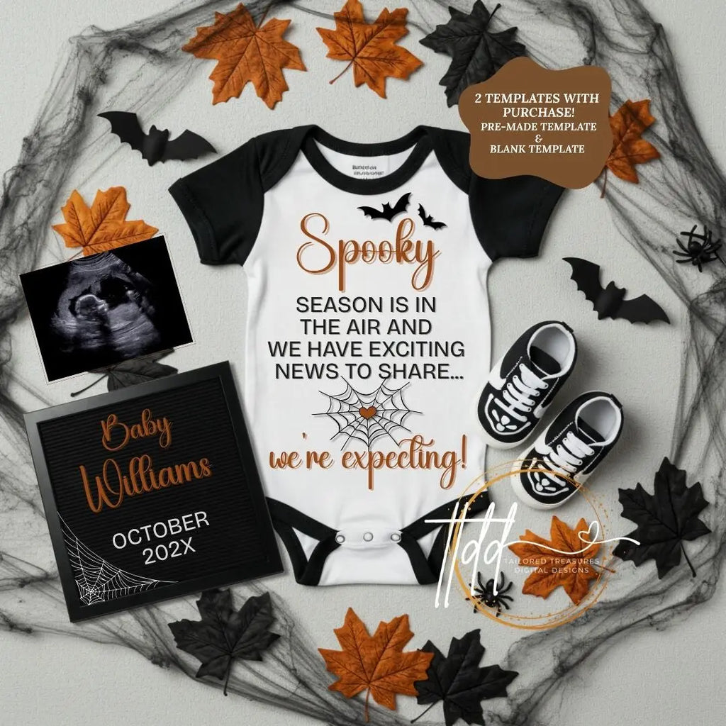 Digital Halloween Pregnancy Announcement, We’re Expecting Baby Reveal, Customizable Personalized Editable Template TailoredTreasuresDigitalDesigns™
