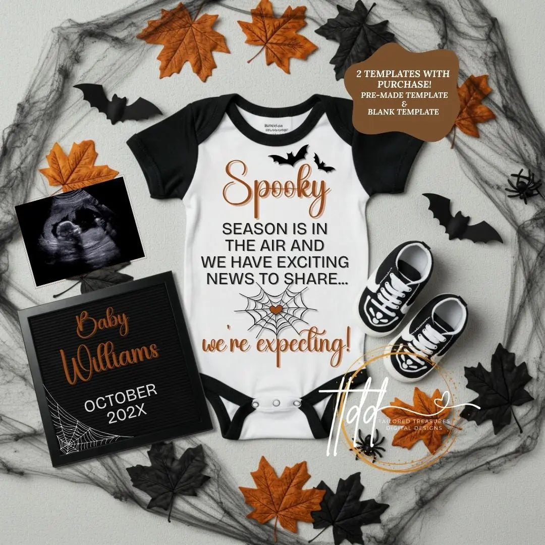 Digital Halloween Pregnancy Announcement, We’re Expecting Baby Reveal, Customizable Personalized Editable Template TailoredTreasuresDigitalDesigns™