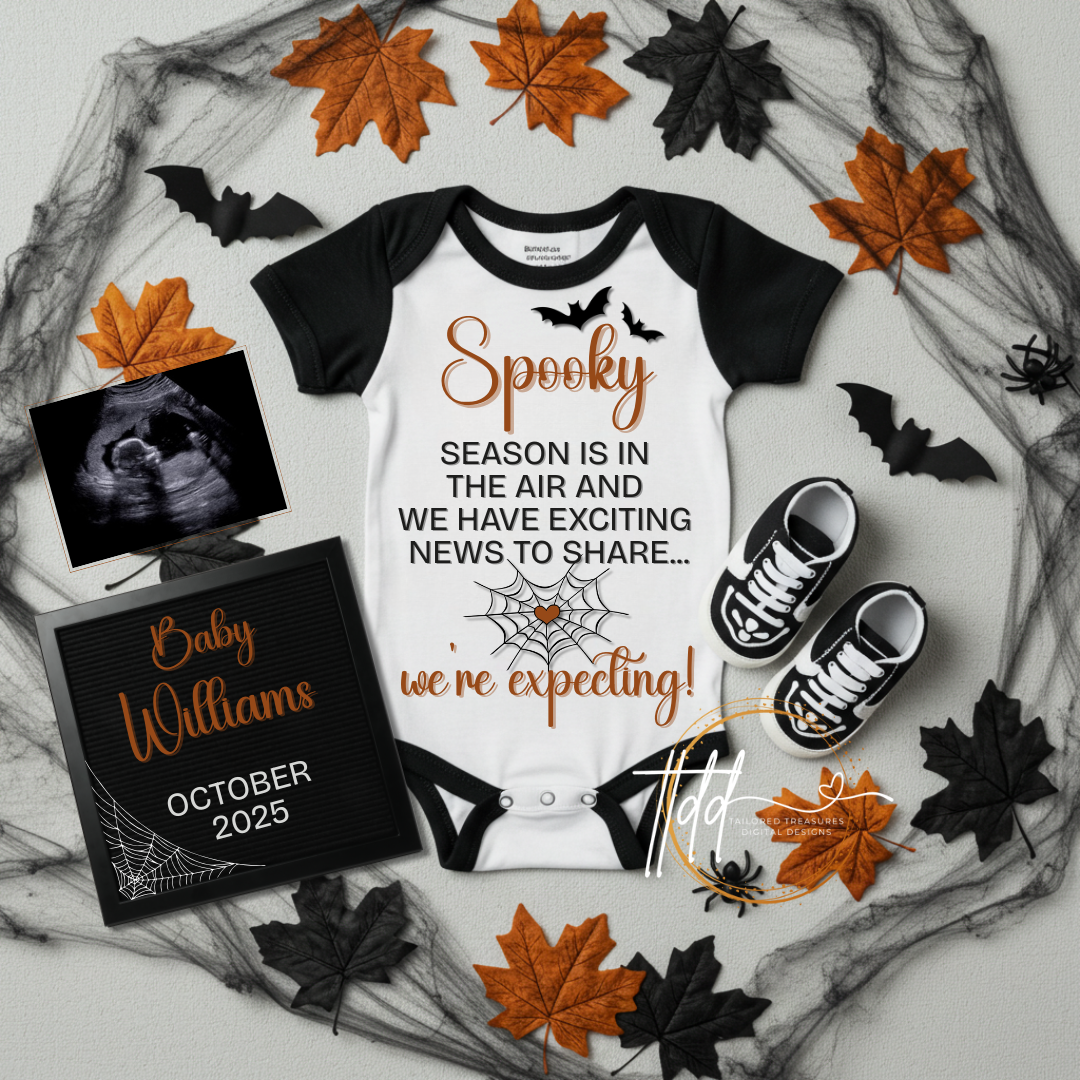 Digital Halloween Pregnancy Announcement, We’re Expecting Baby Reveal, Customizable Personalized Editable Template TailoredTreasuresDigitalDesigns™
