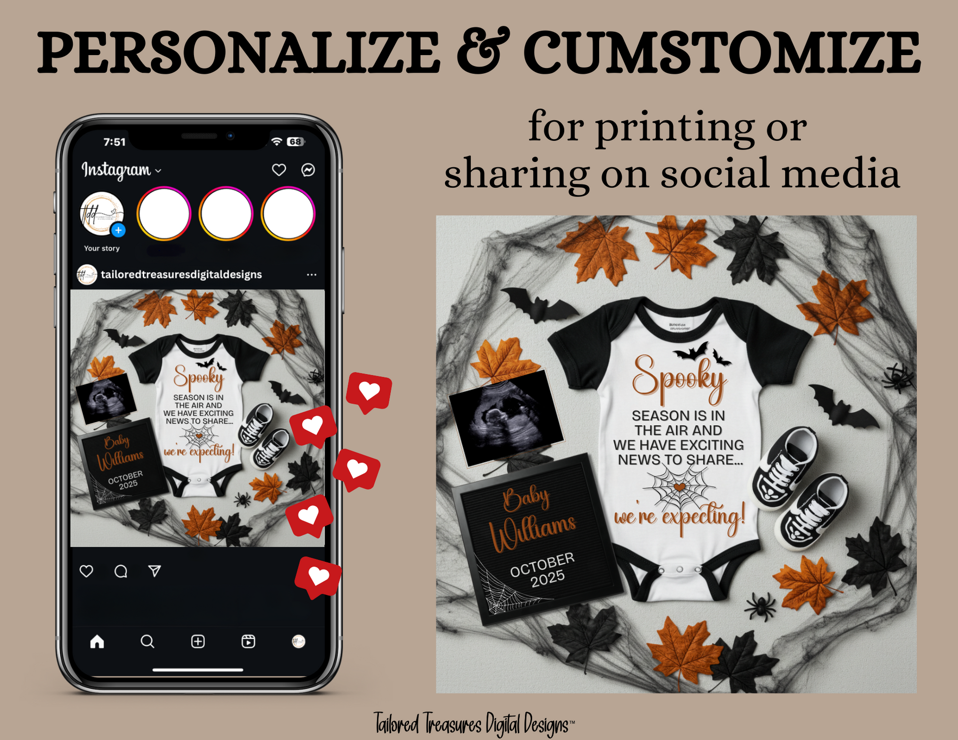 Digital Halloween Pregnancy Announcement, We’re Expecting Baby Reveal, Customizable Personalized Editable Template TailoredTreasuresDigitalDesigns™