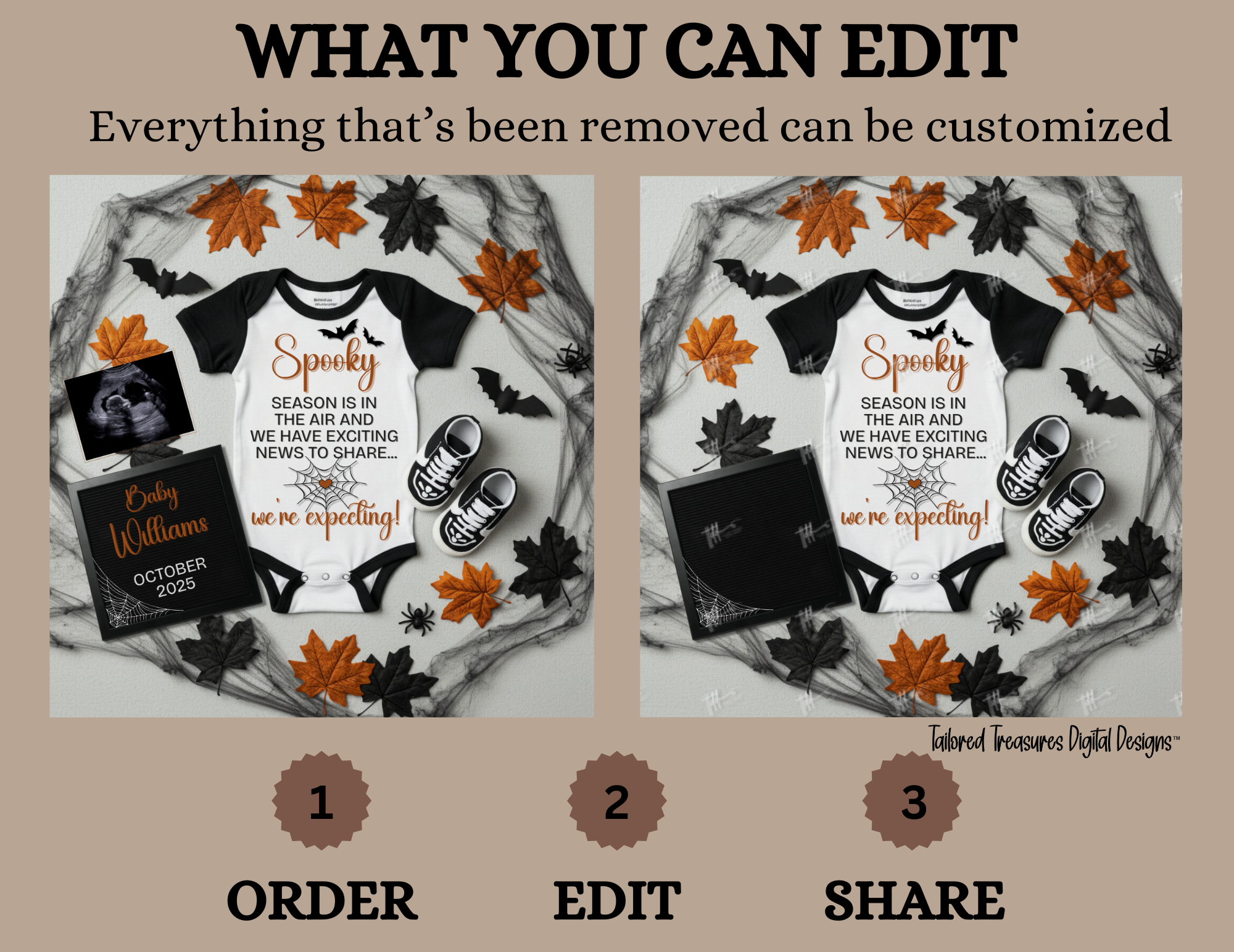 Digital Halloween Pregnancy Announcement, We’re Expecting Baby Reveal, Customizable Personalized Editable Template TailoredTreasuresDigitalDesigns™