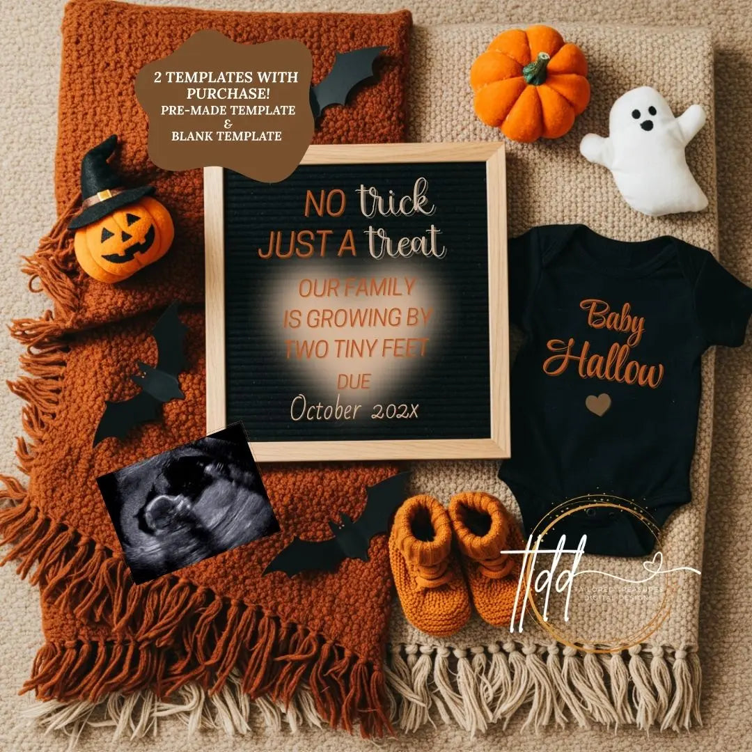 Digital Halloween Pregnancy Announcement, Trick or Treat Baby Reveal, Customizable Personalized Editable Template TailoredTreasuresDigitalDesigns™