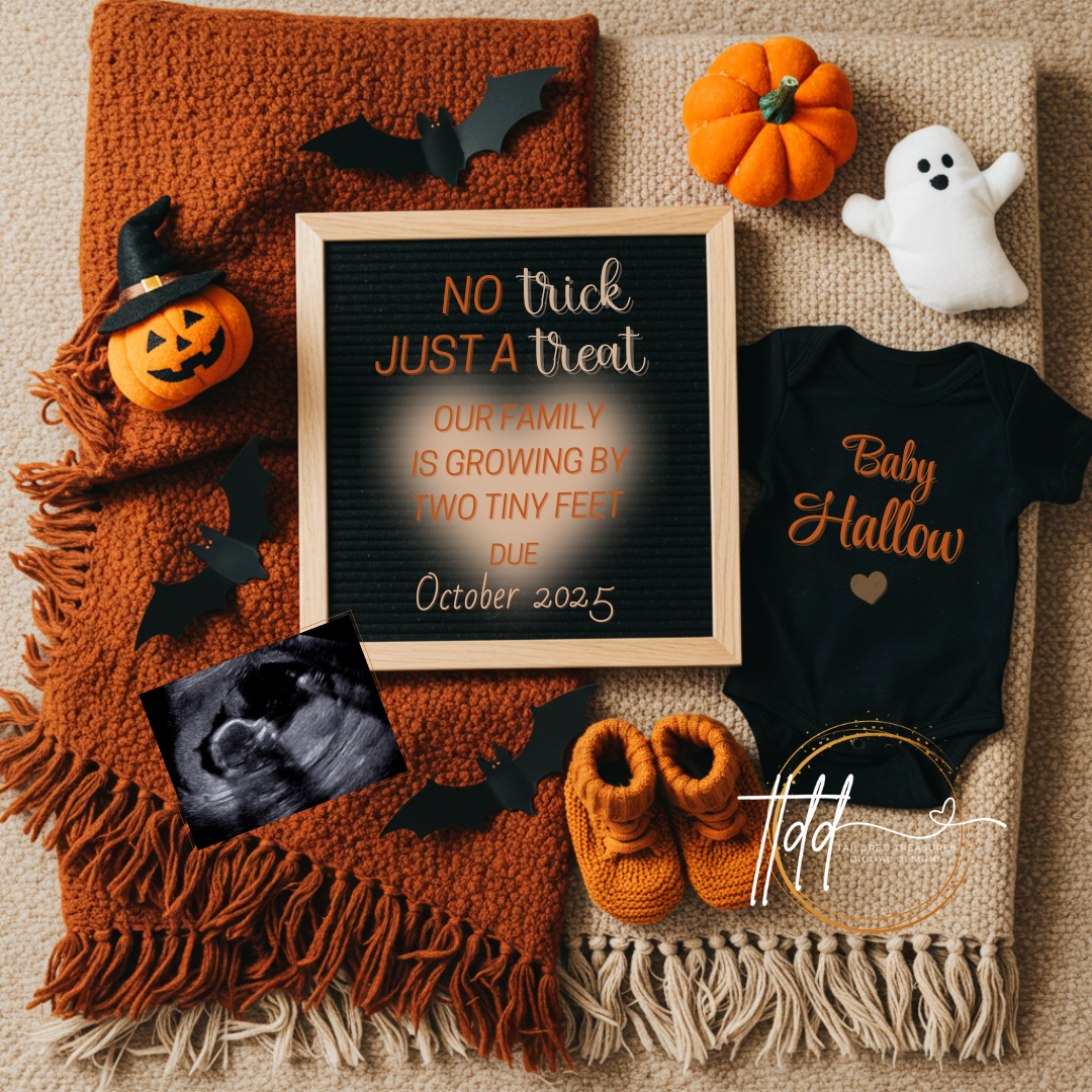 Digital Halloween Pregnancy Announcement, Trick or Treat Baby Reveal, Customizable Personalized Editable Template TailoredTreasuresDigitalDesigns™
