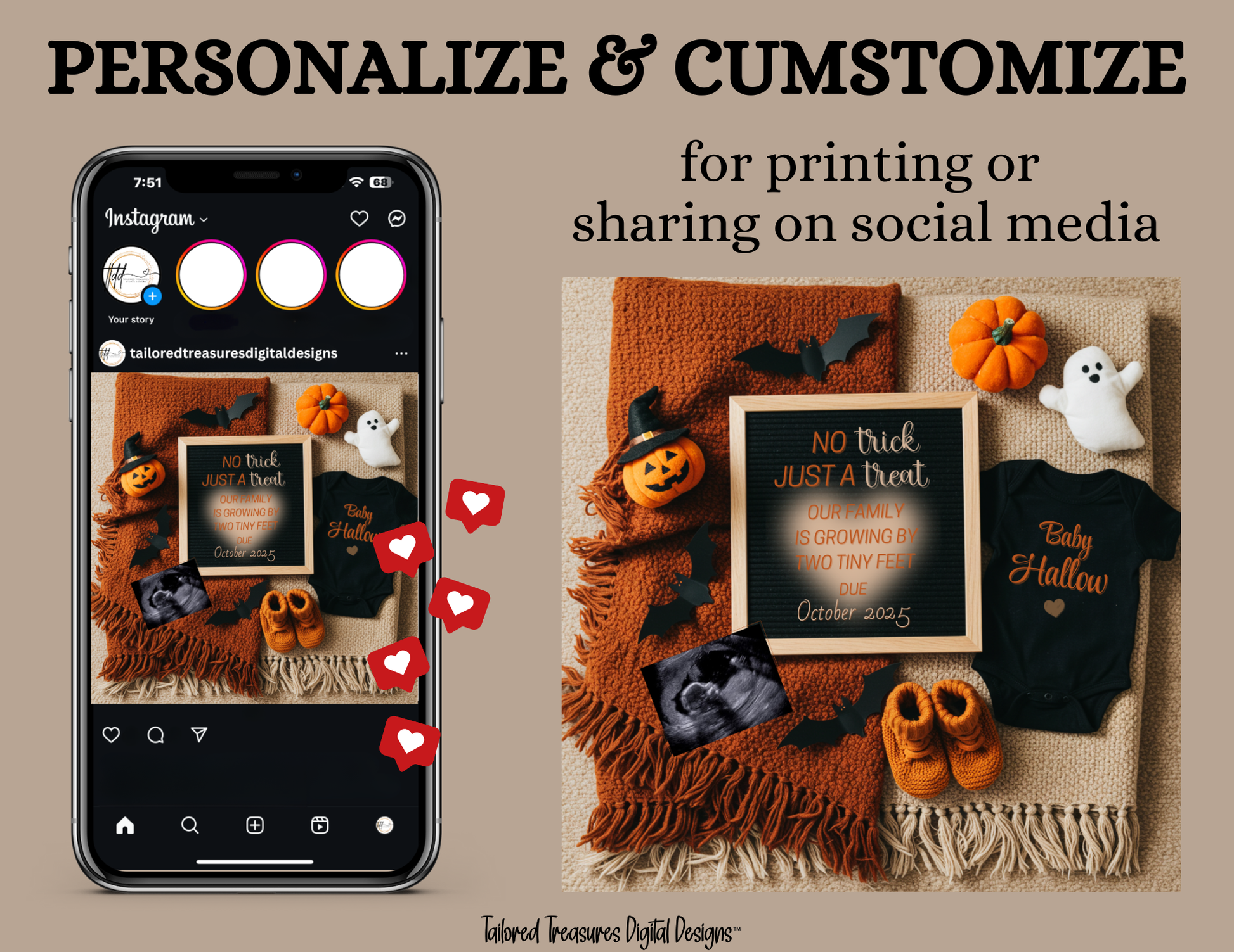 Digital Halloween Pregnancy Announcement, Trick or Treat Baby Reveal, Customizable Personalized Editable Template TailoredTreasuresDigitalDesigns™