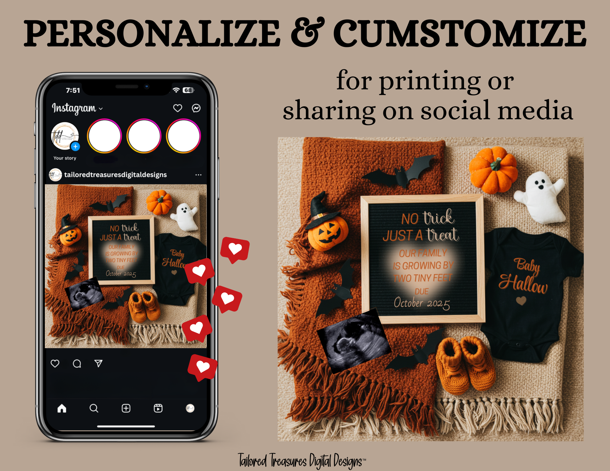 Digital Halloween Pregnancy Announcement, Trick or Treat Baby Reveal, Customizable Personalized Editable Template TailoredTreasuresDigitalDesigns™