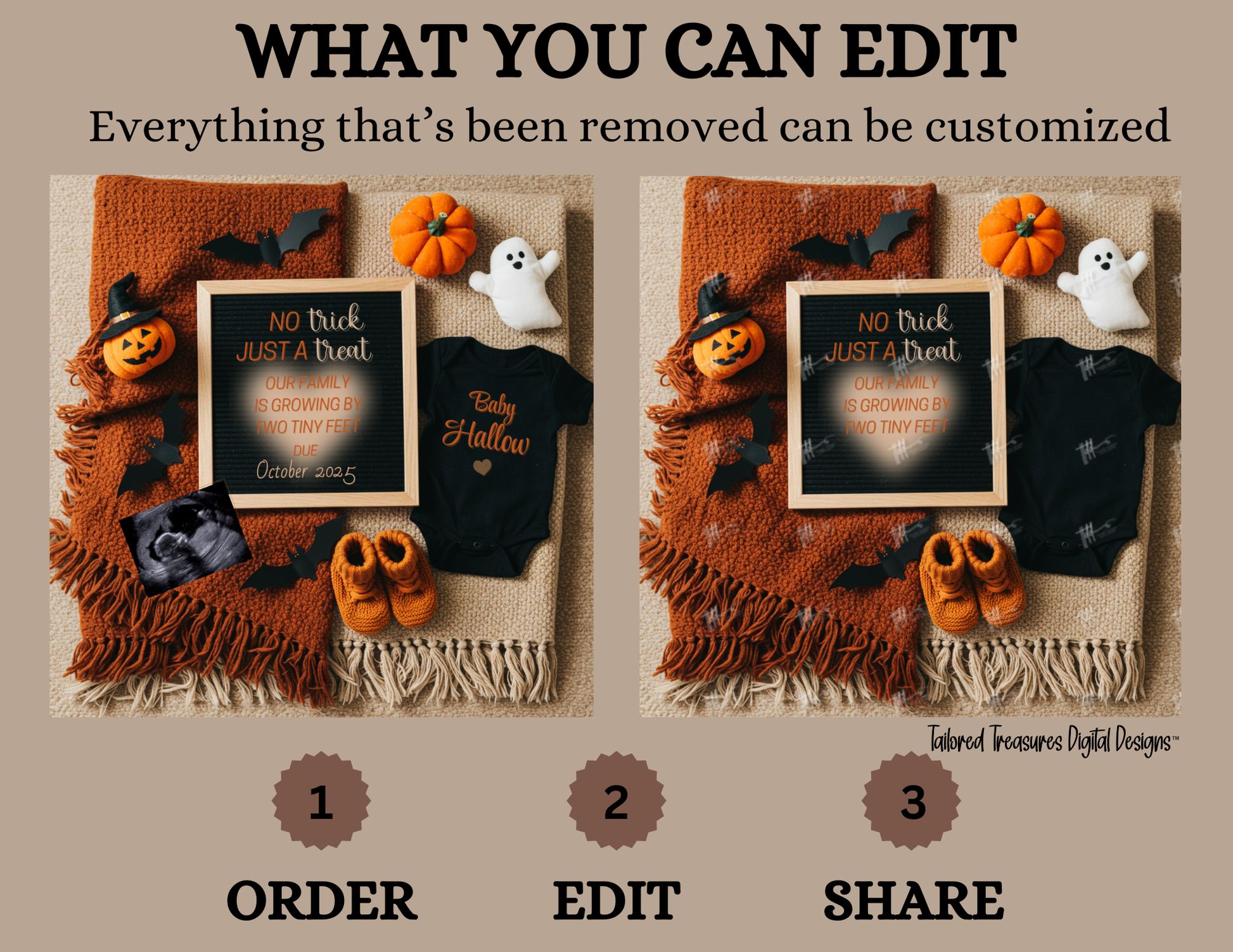 Digital Halloween Pregnancy Announcement, Trick or Treat Baby Reveal, Customizable Personalized Editable Template TailoredTreasuresDigitalDesigns™