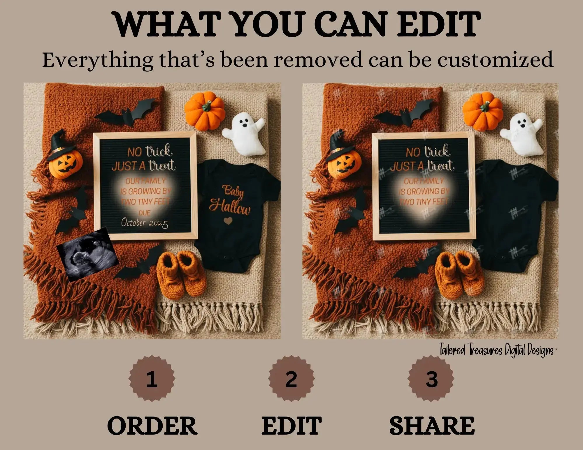 Digital Halloween Pregnancy Announcement, Trick or Treat Baby Reveal, Customizable Personalized Editable Template TailoredTreasuresDigitalDesigns™