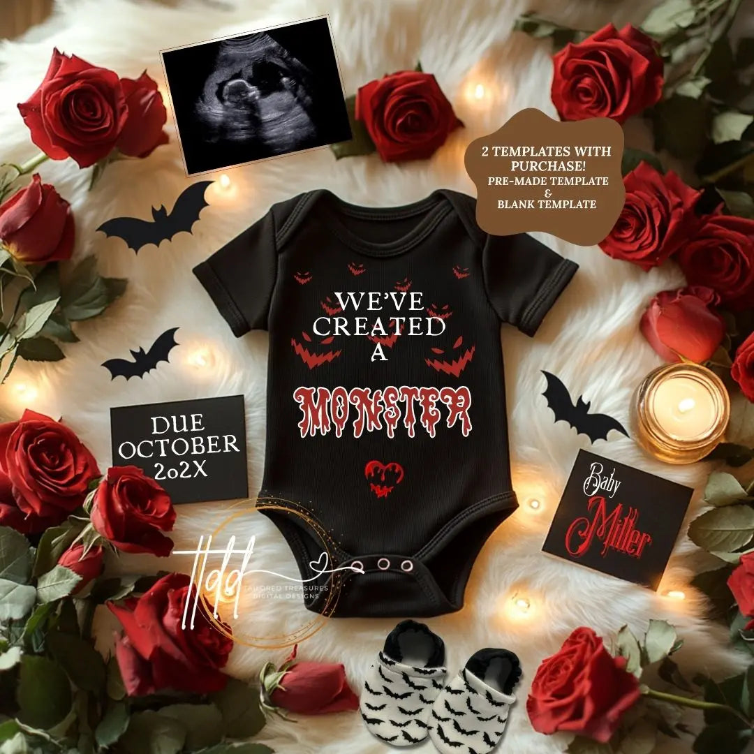Halloween Monster Baby Reveal Digital Editable Template, Spooky Fall Themed Canva Template TailoredTreasuresDigitalDesigns™