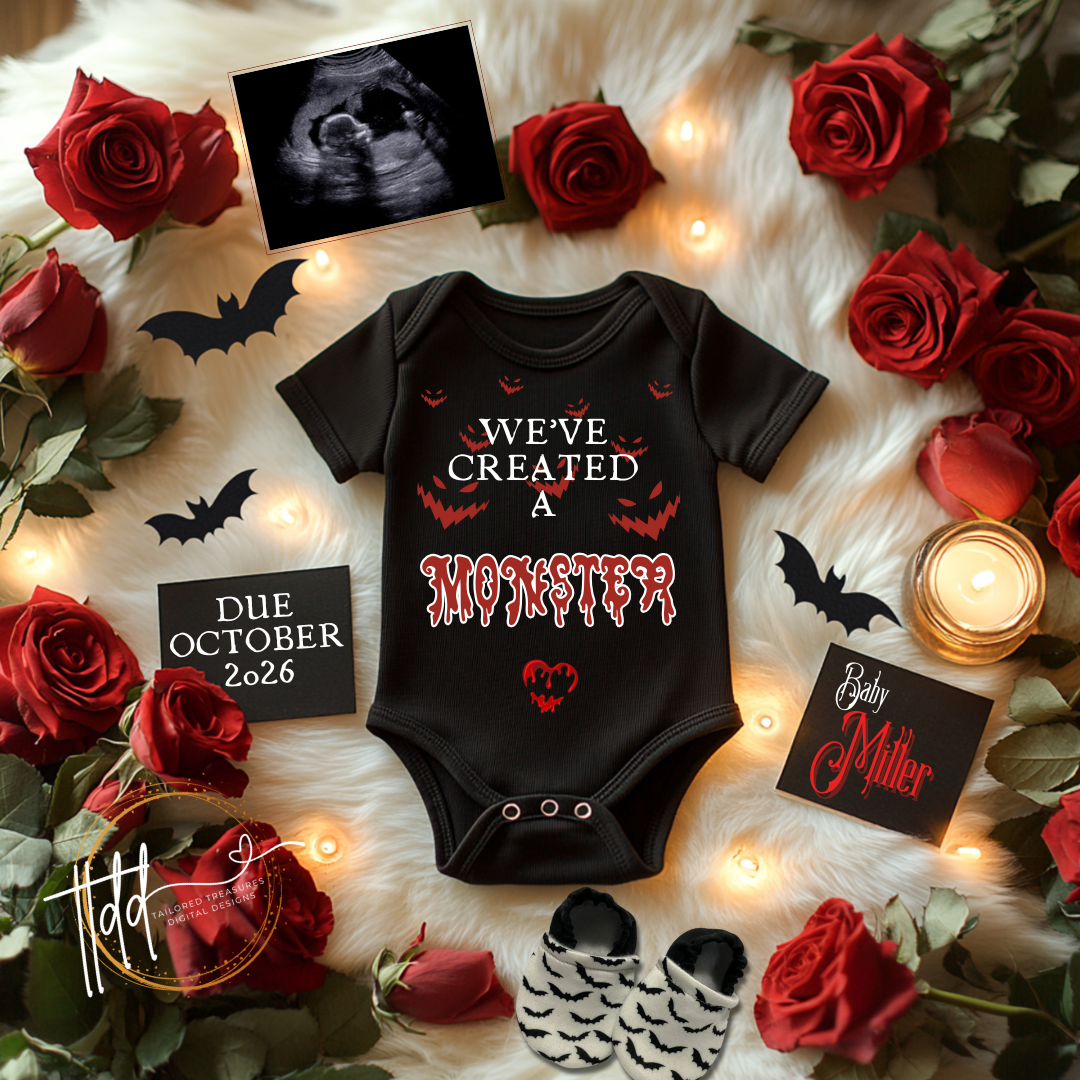 Black baby onesie with Halloween-themed text surrounded by red roses, candles, and baby shoes on a white blanket.