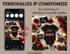 Black baby onesie with text, surrounded by roses and candles, displayed on a phone screen.