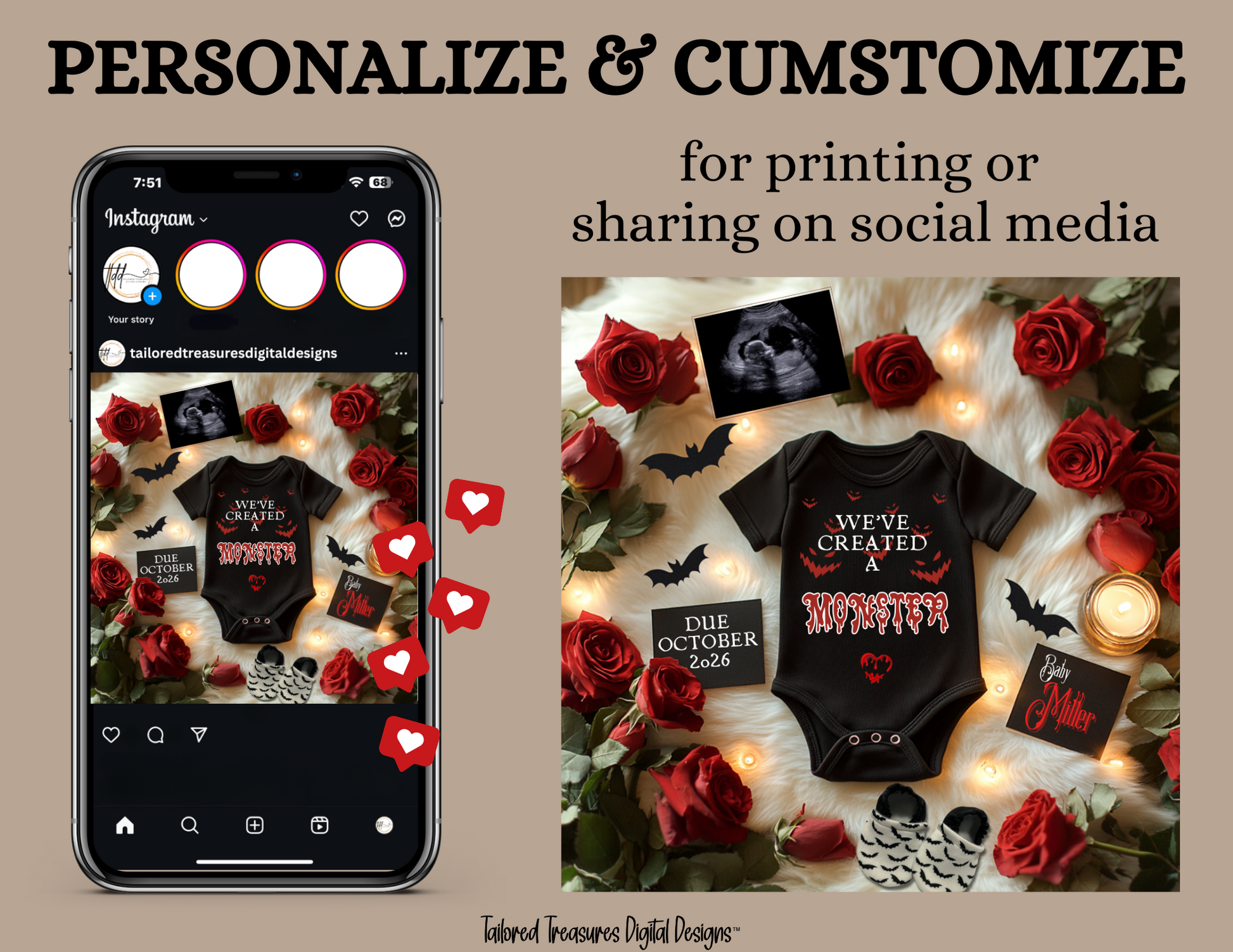 Black baby onesie with text, surrounded by roses and candles, displayed on a phone screen.