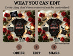 Black baby onesie with text surrounded by red roses, candles, and decorative items on a beige background.