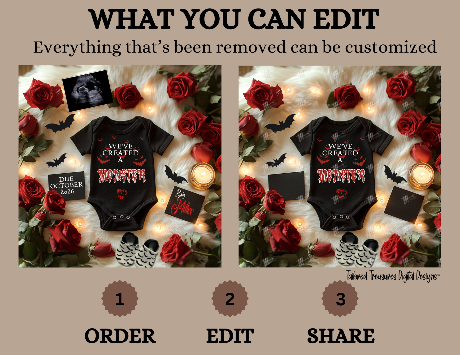 Black baby onesie with text surrounded by red roses, candles, and decorative items on a beige background.