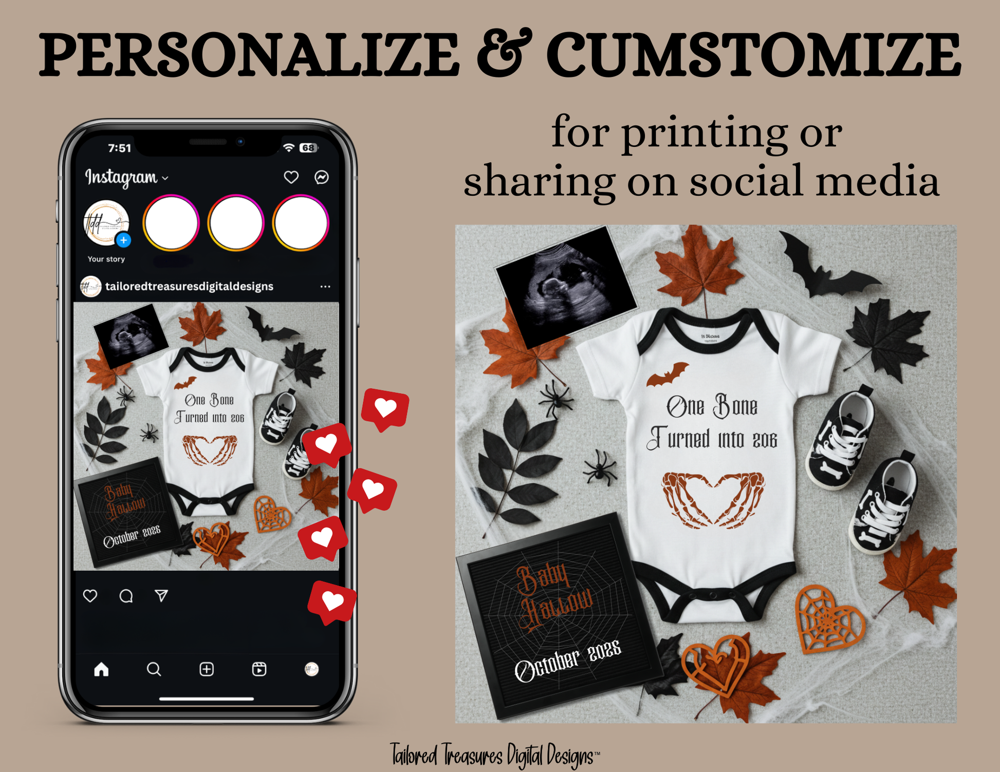 Digital Halloween Pregnancy Announcement, Funny Baby Reveal, Customizable Personalized Editable Template TailoredTreasuresDigitalDesigns™