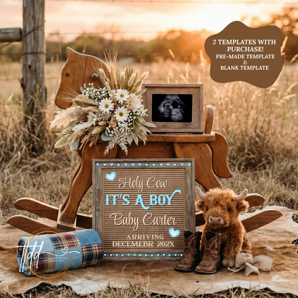 Holy Cow It's a Boy, Western Girl Digital Gender Reveal, Customizable Personalized Editable Template TailoredTreasuresDigitalDesigns™
