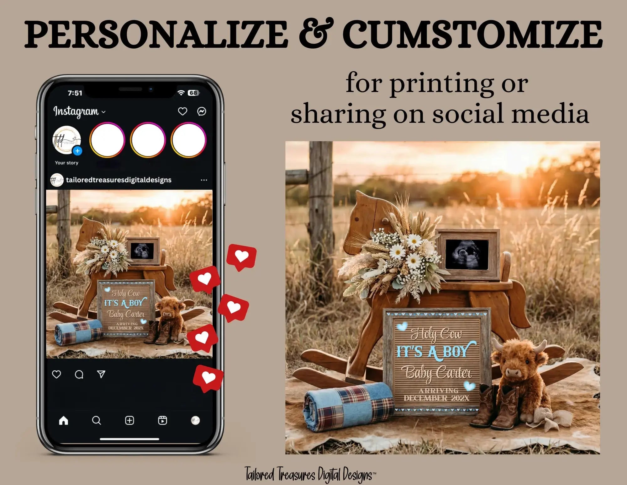 Holy Cow It's a Boy, Western Girl Digital Gender Reveal, Customizable Personalized Editable Template TailoredTreasuresDigitalDesigns™