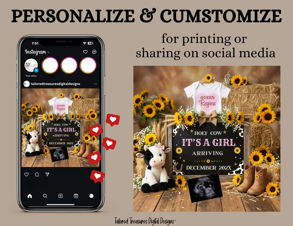 Holy Cow It's a Girl, Western Girl Digital Gender Reveal, Customizable Personalized Editable Template TailoredTreasuresDigitalDesigns™