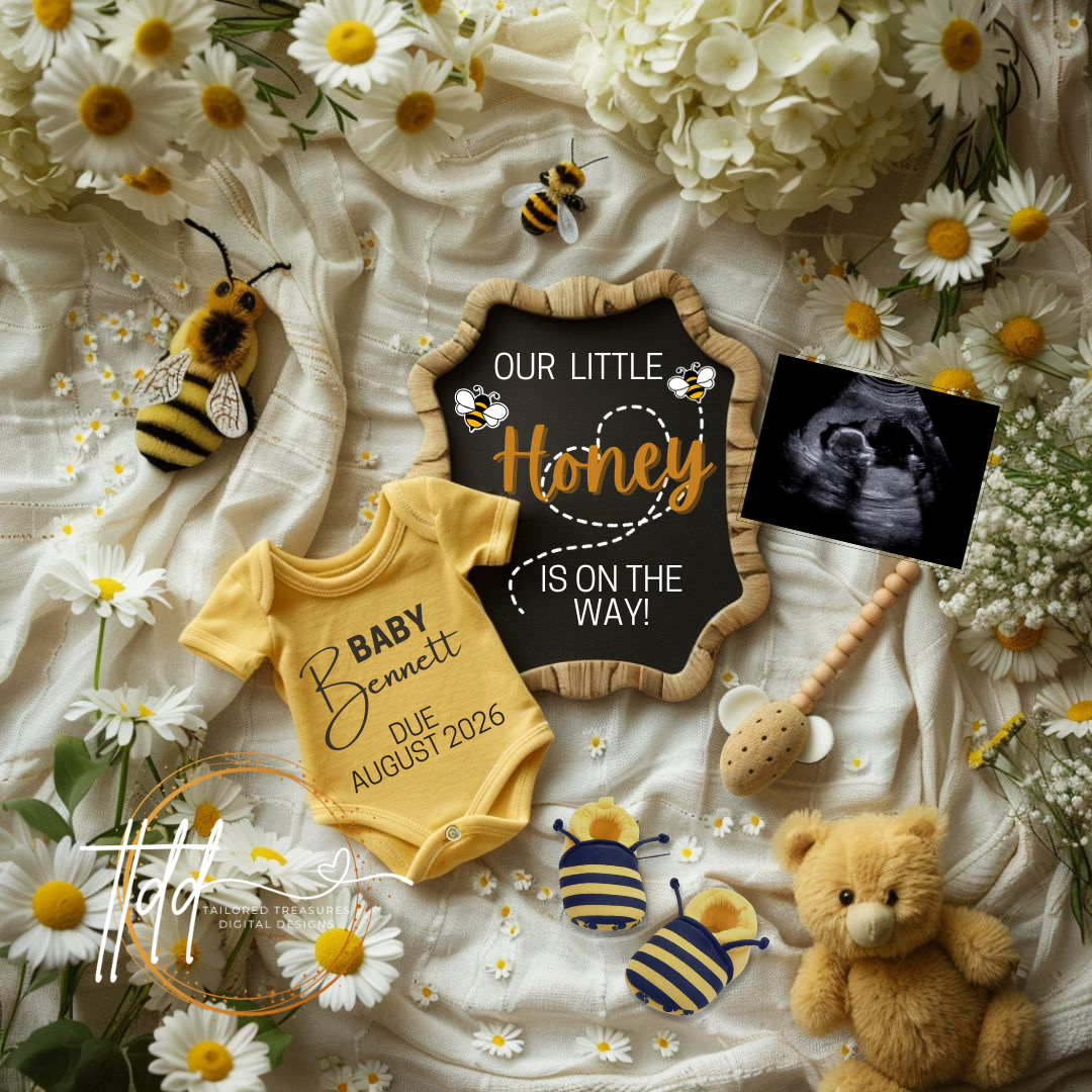 Digital Pregnancy Announcement, Our Little Honey, Customizable Spring Themed, Personalized Editable Template TailoredTreasuresDigitalDesigns™
