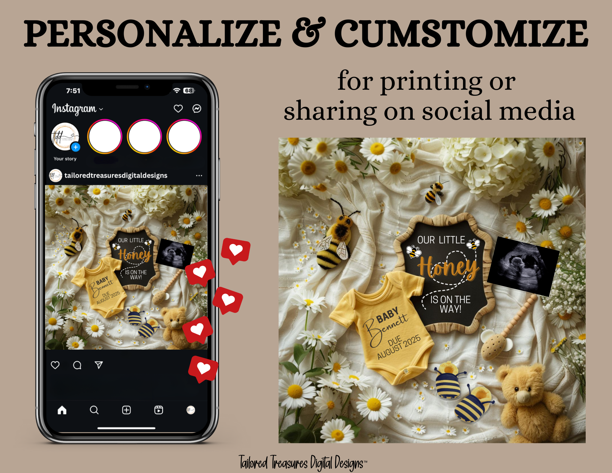 Digital Pregnancy Announcement, Our Little Honey, Customizable Spring Themed, Personalized Editable Template TailoredTreasuresDigitalDesigns™