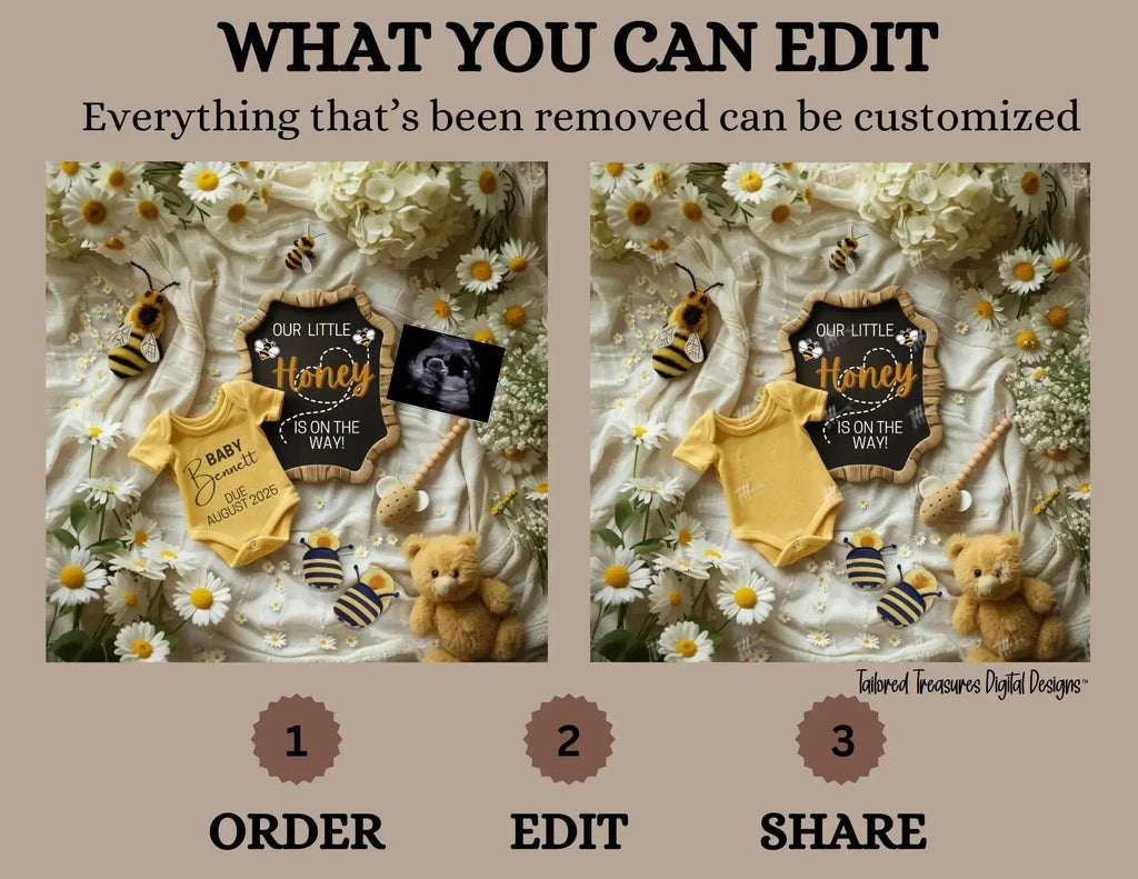 Digital Pregnancy Announcement, Our Little Honey, Customizable Spring Themed, Personalized Editable Template TailoredTreasuresDigitalDesigns™