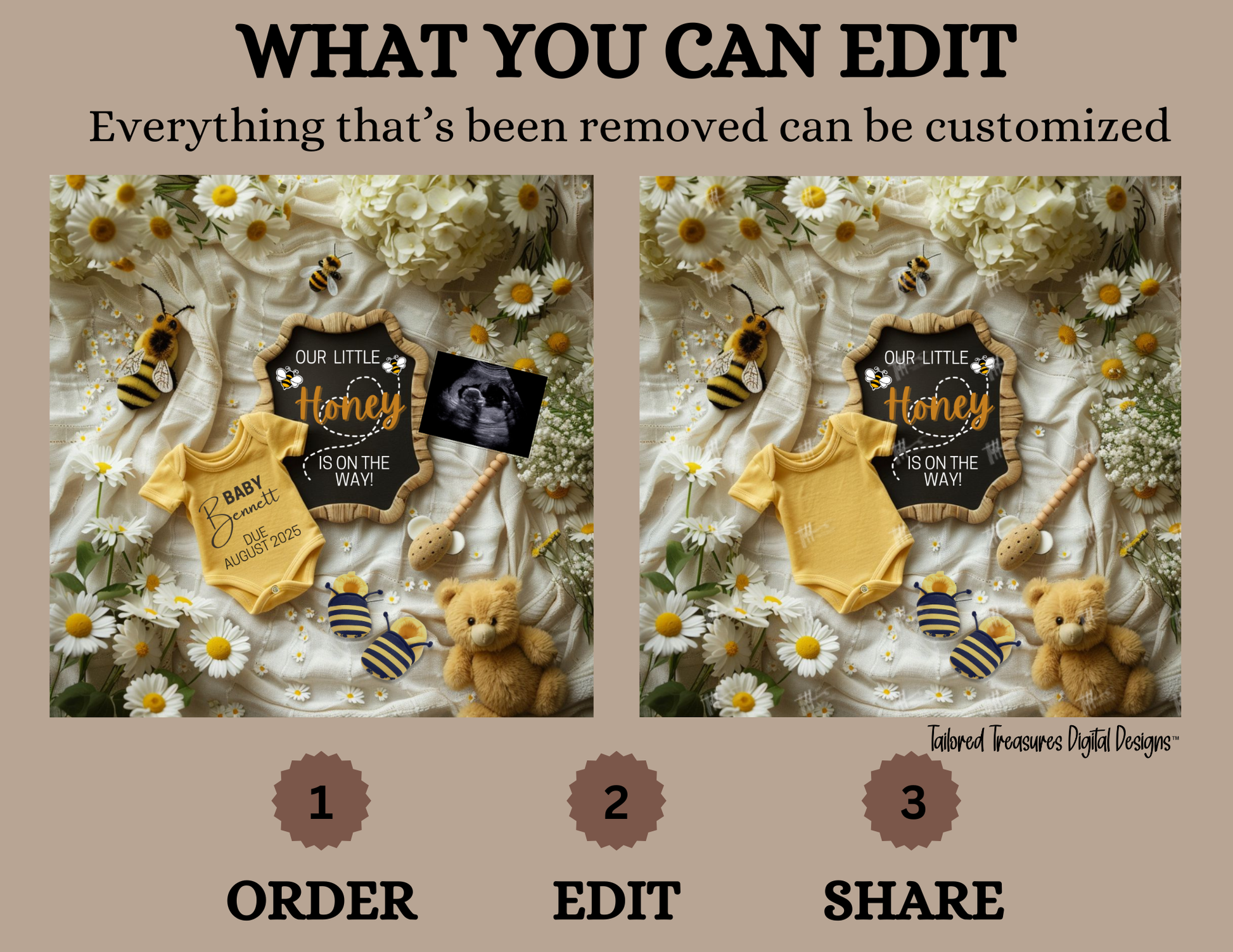 Digital Pregnancy Announcement, Our Little Honey, Customizable Spring Themed, Personalized Editable Template TailoredTreasuresDigitalDesigns™