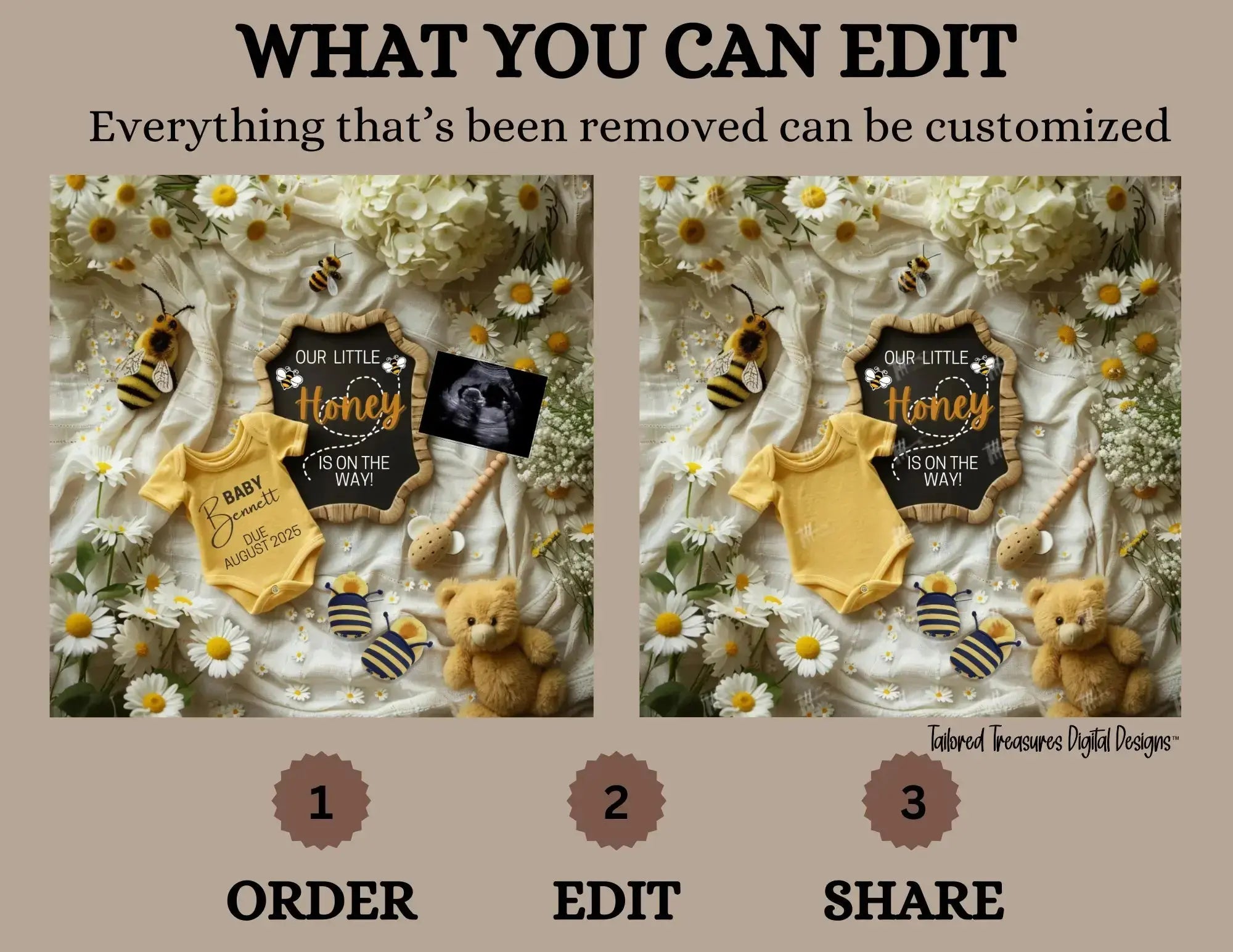 Digital Pregnancy Announcement, Our Little Honey, Customizable Spring Themed, Personalized Editable Template TailoredTreasuresDigitalDesigns™