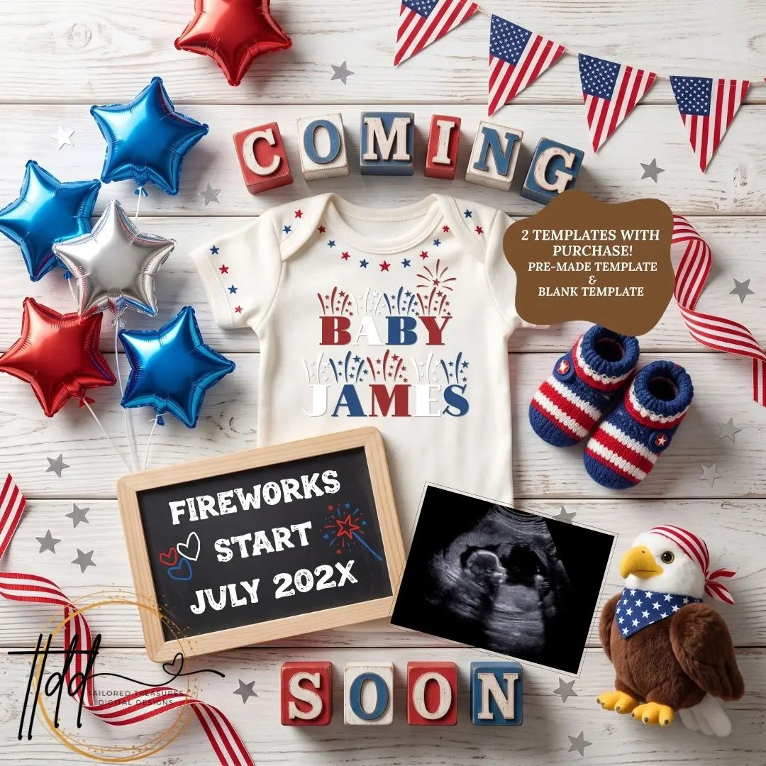 July 4th Fireworks Baby Pregnancy Announcement | Fully Editable Canva Digital Template TailoredTreasuresDigitalDesigns™