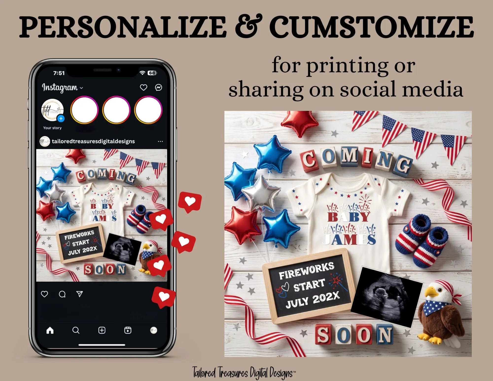 July 4th Fireworks Baby Pregnancy Announcement | Fully Editable Canva Digital Template TailoredTreasuresDigitalDesigns™