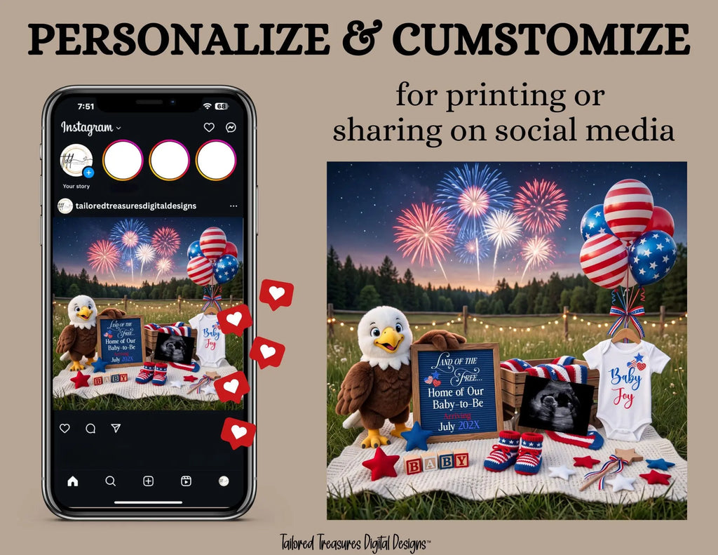 Land of the Free – July 4th Pregnancy Announcement Canva Template TailoredTreasuresDigitalDesigns™