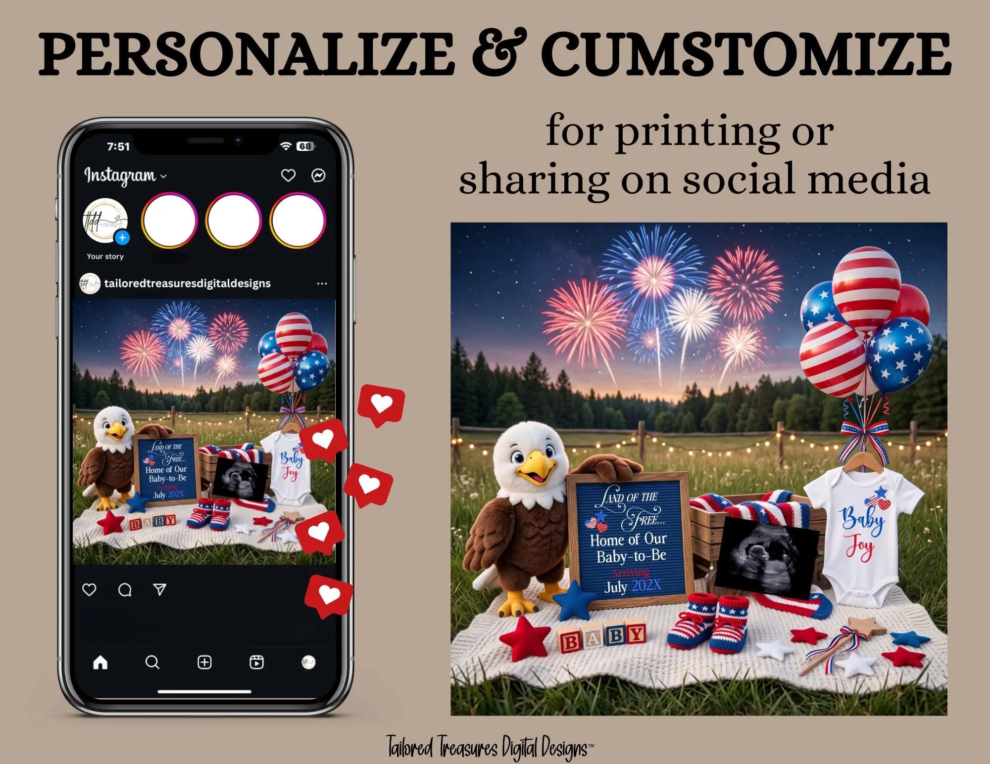Land of the Free – July 4th Pregnancy Announcement Canva Template TailoredTreasuresDigitalDesigns™