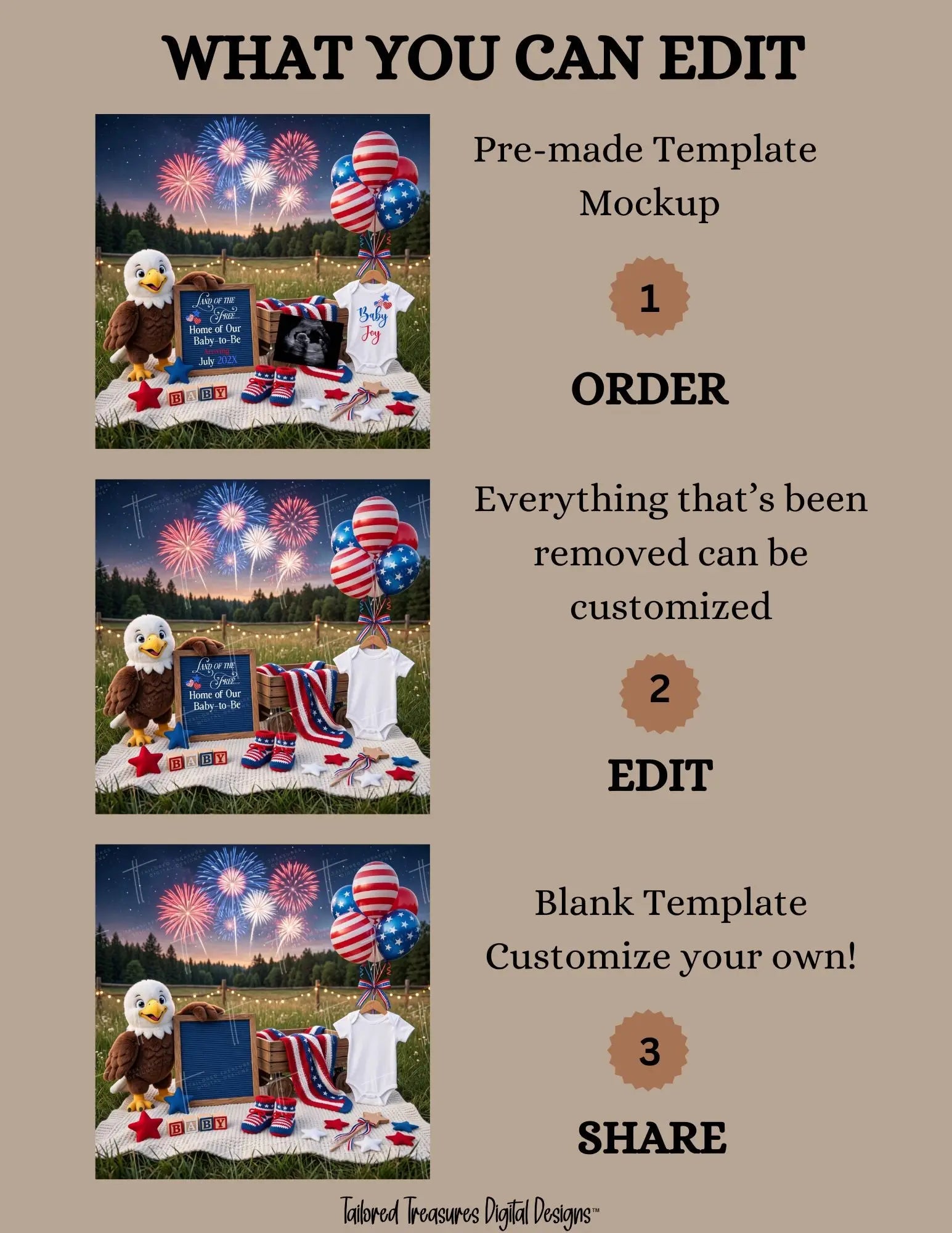 Land of the Free – July 4th Pregnancy Announcement Canva Template TailoredTreasuresDigitalDesigns™