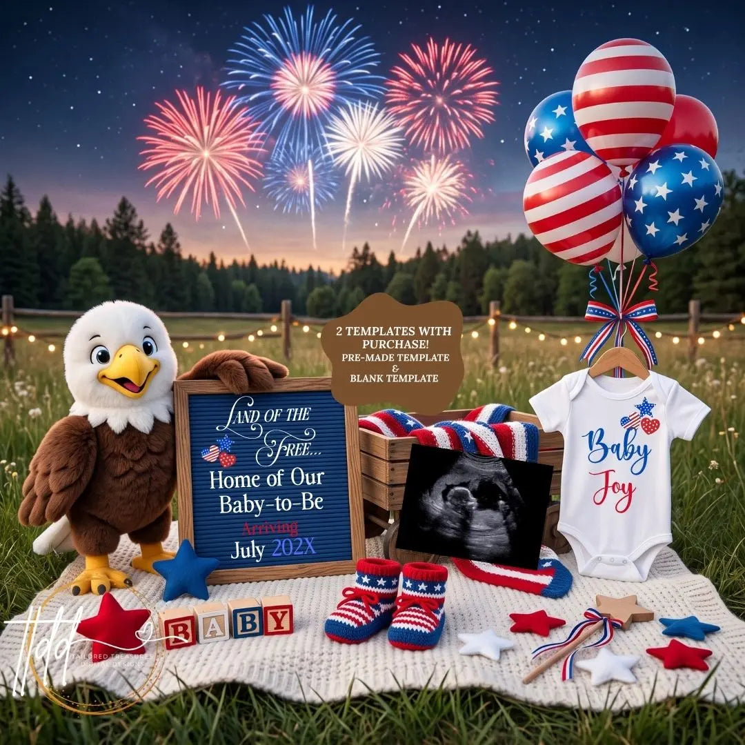 Land of the Free – July 4th Pregnancy Announcement Canva Template TailoredTreasuresDigitalDesigns™