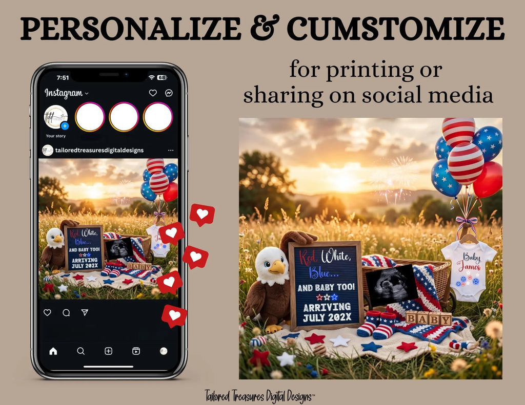 Red White Blue & Baby Too – July 4th Pregnancy Announcement Template, Fully Editable Canva Download TailoredTreasuresDigitalDesigns™