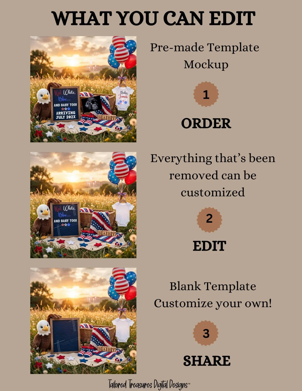 Red White Blue & Baby Too – July 4th Pregnancy Announcement Template, Fully Editable Canva Download TailoredTreasuresDigitalDesigns™