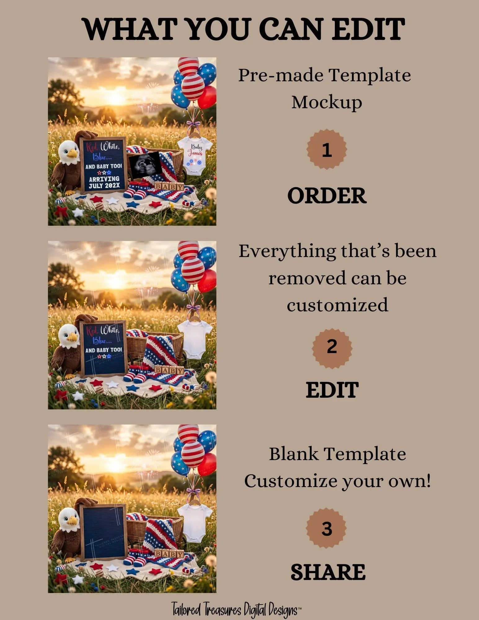 Red White Blue & Baby Too – July 4th Pregnancy Announcement Template, Fully Editable Canva Download TailoredTreasuresDigitalDesigns™