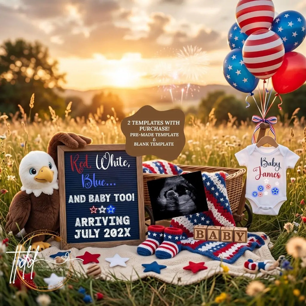 Red White Blue & Baby Too – July 4th Pregnancy Announcement Template, Fully Editable Canva Download TailoredTreasuresDigitalDesigns™