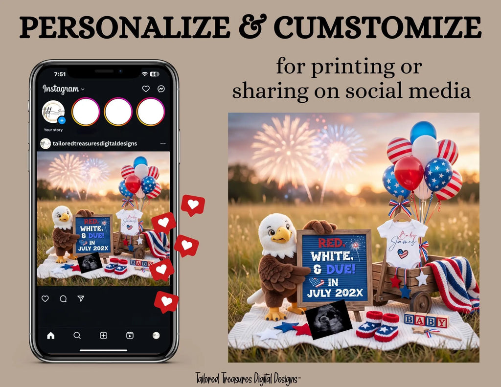 Red White & Due – July 4th Pregnancy Announcement, Fully Editable Canva Instant Download TailoredTreasuresDigitalDesigns™