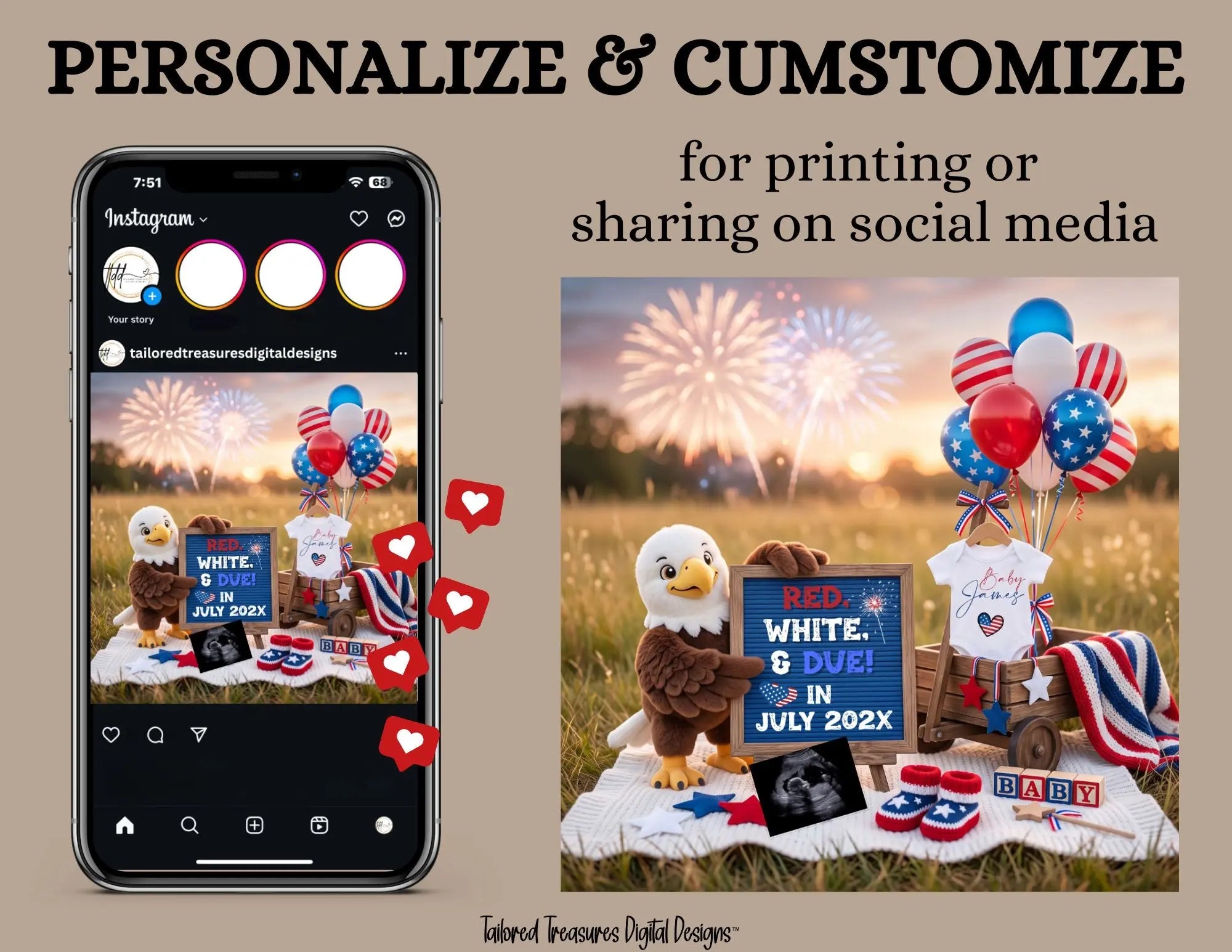 Red White & Due – July 4th Pregnancy Announcement, Fully Editable Canva Instant Download TailoredTreasuresDigitalDesigns™