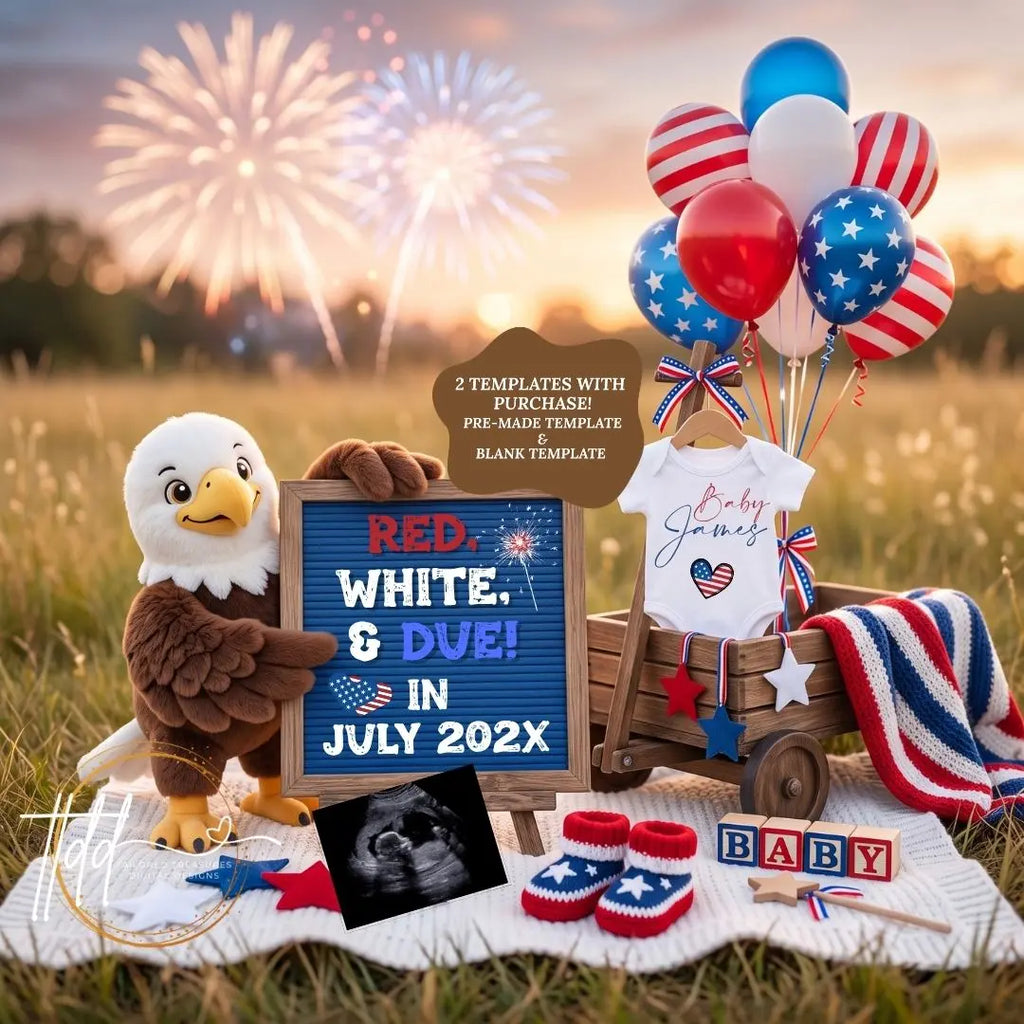Red White & Due – July 4th Pregnancy Announcement, Fully Editable Canva Instant Download TailoredTreasuresDigitalDesigns™